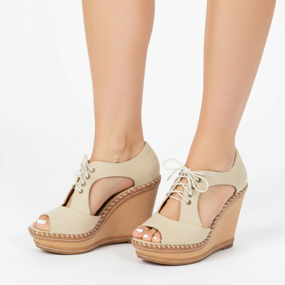 Gianni Bini Tan Wedge Cutout Lace Up High Heel Shoes 7
